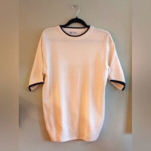 Zara Oversized Loose Fit Nautical Knit Classic White/Navy Trim Fisherman Sweater